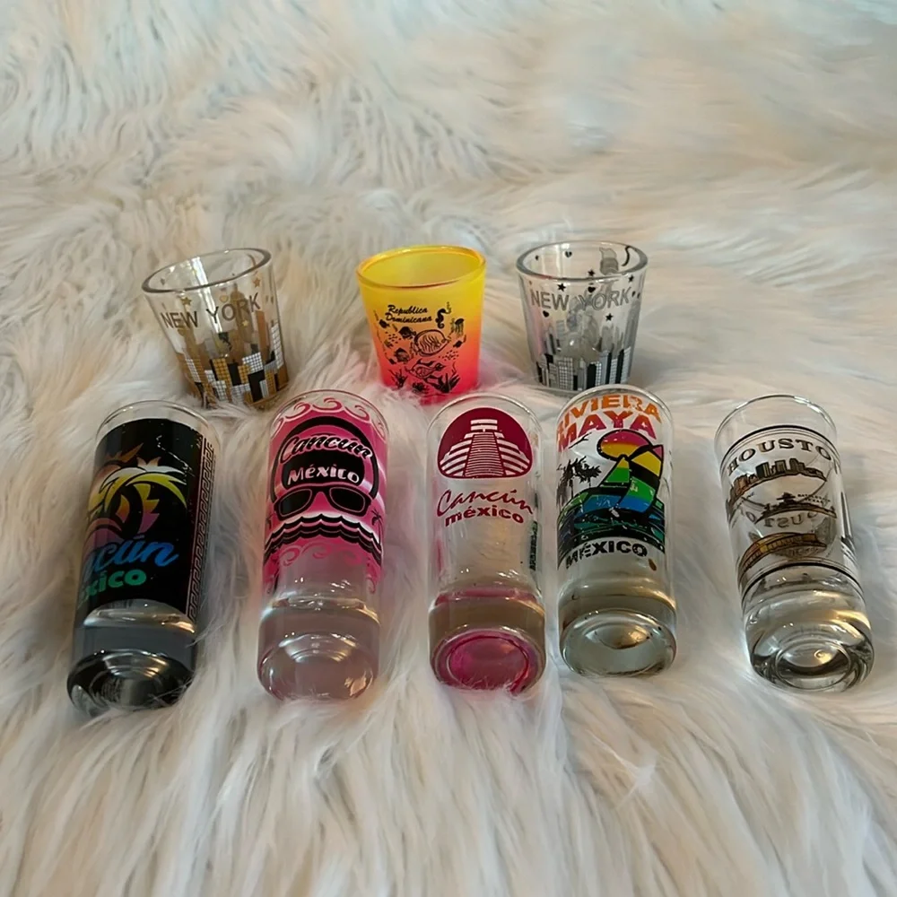 Set of 8 Shot Glasses NEW YORK, MEXICO, HOUSTON TEXAS, REPUBLICA DOMINICANA